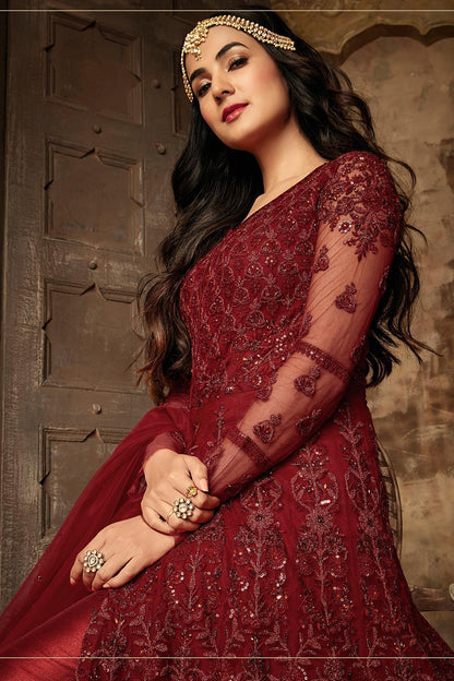 Garnet Red Embroidered Designer Anarkali Suit