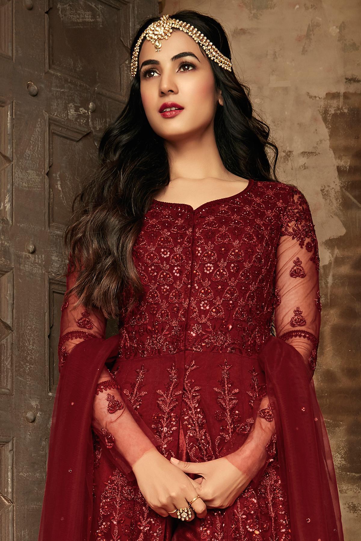 Garnet Red Embroidered Designer Anarkali Suit
