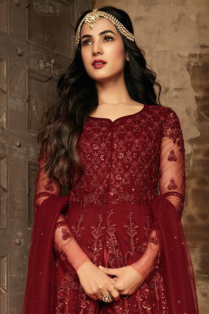 Garnet Red Embroidered Designer Anarkali Suit