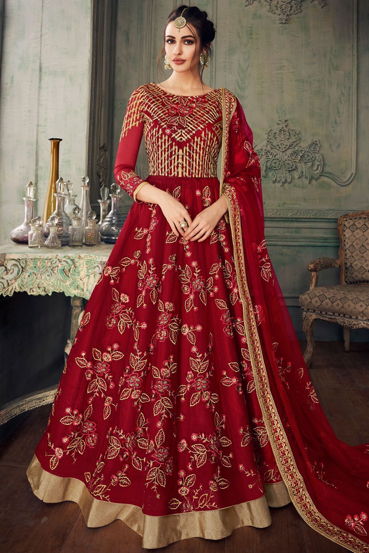 Garnet Red Heavy Net Embroidered Anarkali Suit