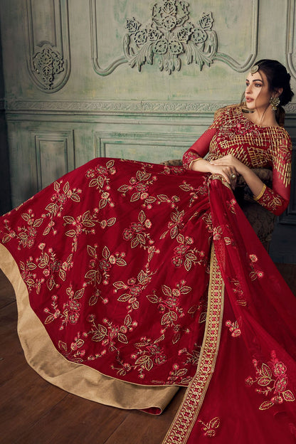 Garnet Red Heavy Net Embroidered Anarkali Suit