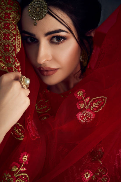 Garnet Red Heavy Net Embroidered Anarkali Suit