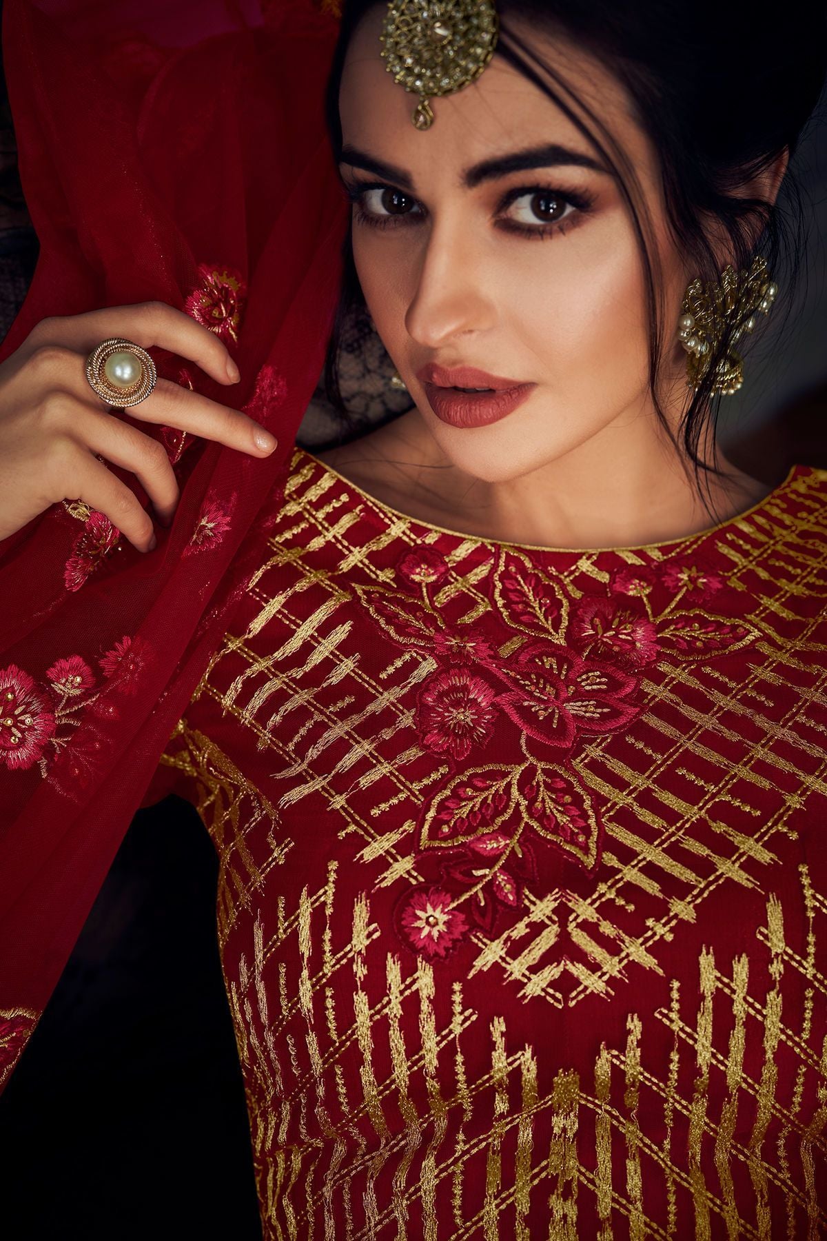 Garnet Red Heavy Net Embroidered Anarkali Suit
