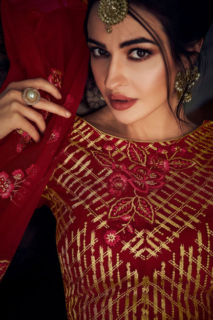 Garnet Red Heavy Net Embroidered Anarkali Suit