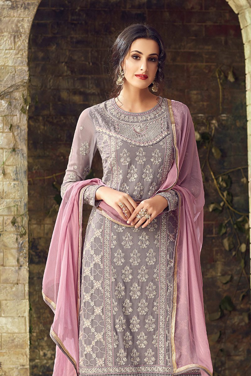 Plum-dyed Georgette ankle-length Party Wear Suit
