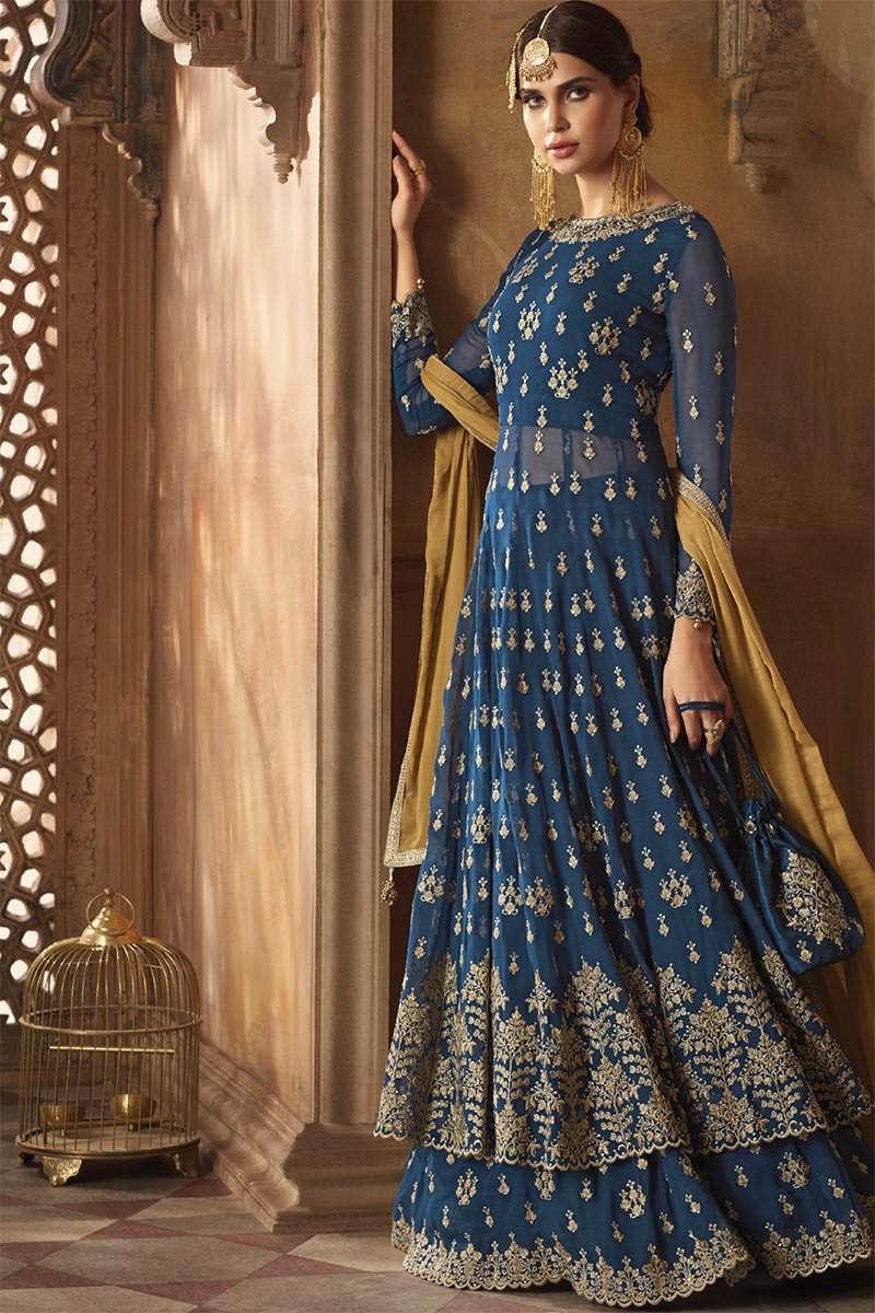 Blue Royal With Ochre Embroidered Anarkali Suit