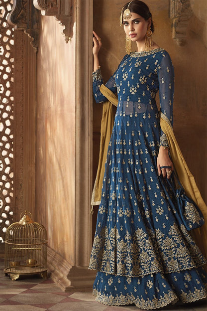 Blue Royal With Ochre Embroidered Anarkali Suit