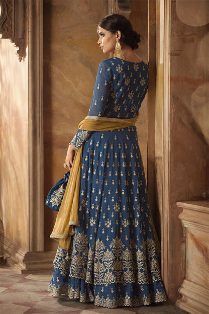 Blue Royal With Ochre Embroidered Anarkali Suit