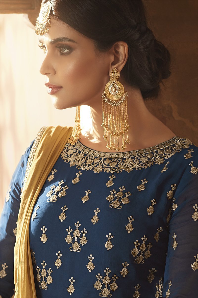 Blue Royal With Ochre Embroidered Anarkali Suit