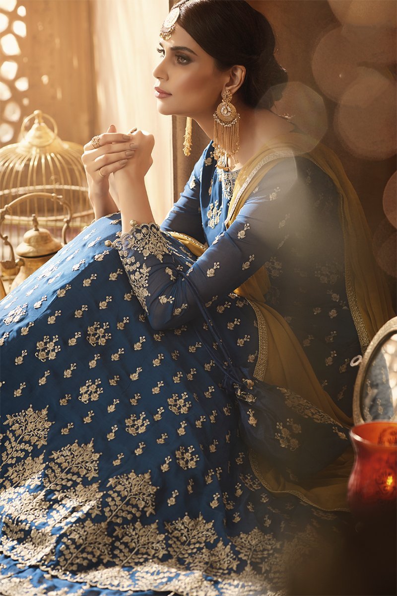 Blue Royal With Ochre Embroidered Anarkali Suit