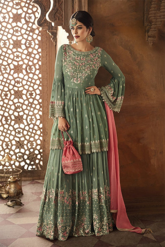 Green And Pink Embroidered Gharara Suit