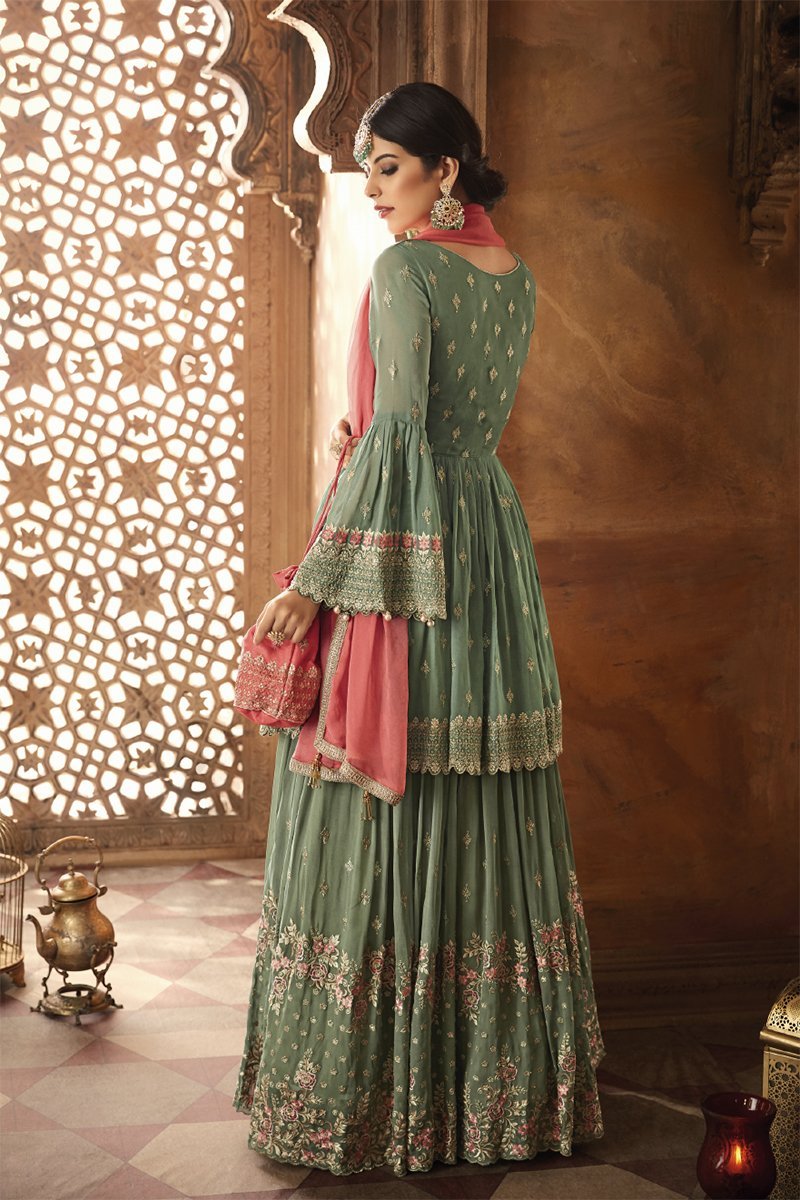 Green And Pink Embroidered Gharara Suit