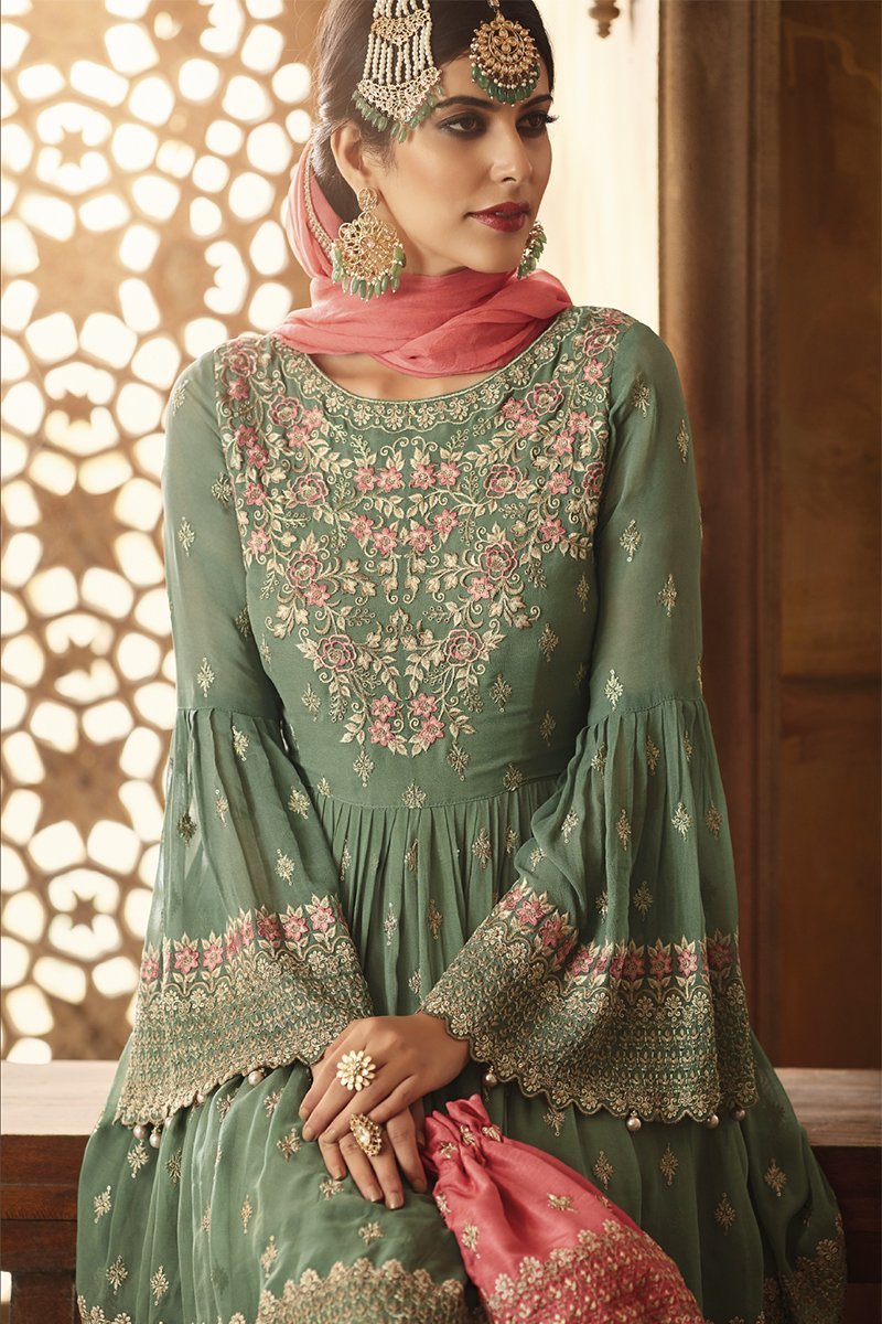 Green And Pink Embroidered Gharara Suit