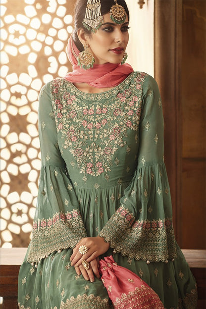 Green And Pink Embroidered Gharara Suit