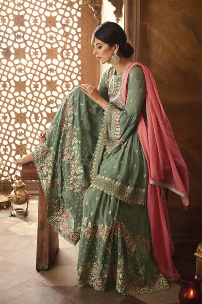 Green And Pink Embroidered Gharara Suit