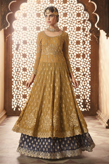 Ochre Yellow And Grey Anarkali Lehenga Style Suit