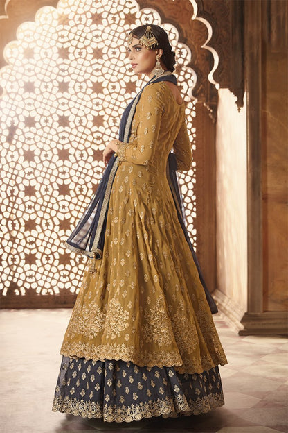 Ochre Yellow And Grey Anarkali Lehenga Style Suit