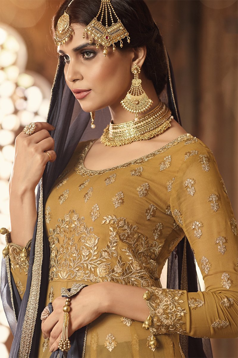 Ochre Yellow And Grey Anarkali Lehenga Style Suit