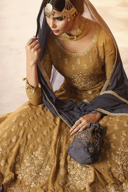 Ochre Yellow And Grey Anarkali Lehenga Style Suit