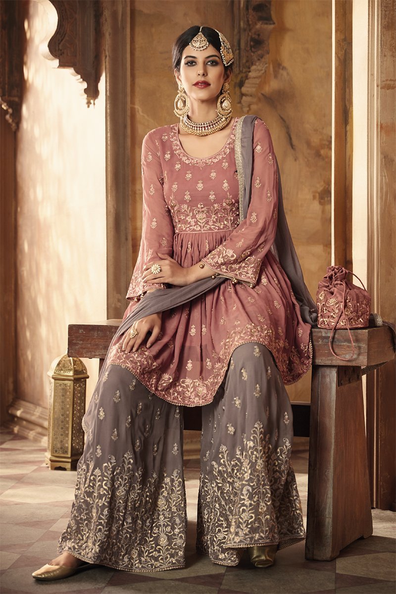 Pink Blush With Mauve Embroidered Gharara Suit
