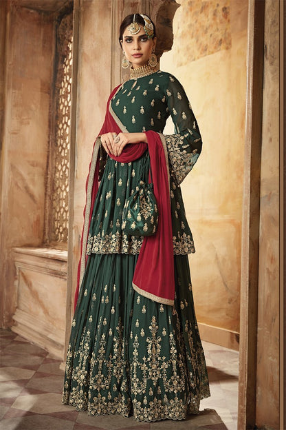 Dark Green And Red Embroidered Gharara Suit