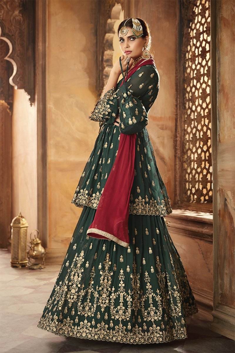 Dark Green And Red Embroidered Gharara Suit