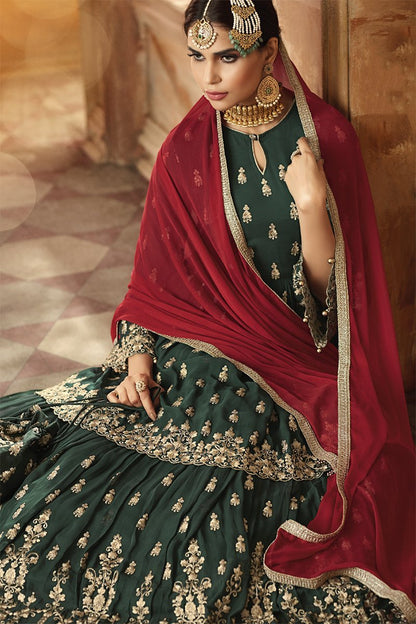 Dark Green And Red Embroidered Gharara Suit