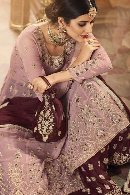 Plum Purple Dual Tone Embroidered Anarkali Lehenga Suit
