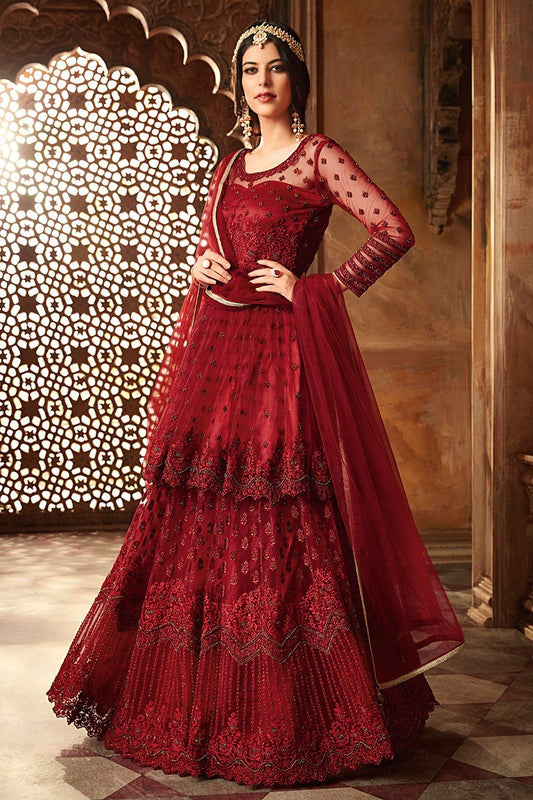 Maroon Heavy Net Party Wear Anarkali Suit