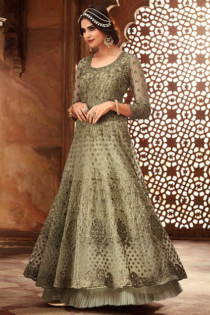 Charming Gray Heavy Net Party Wear Anarkali Suit
