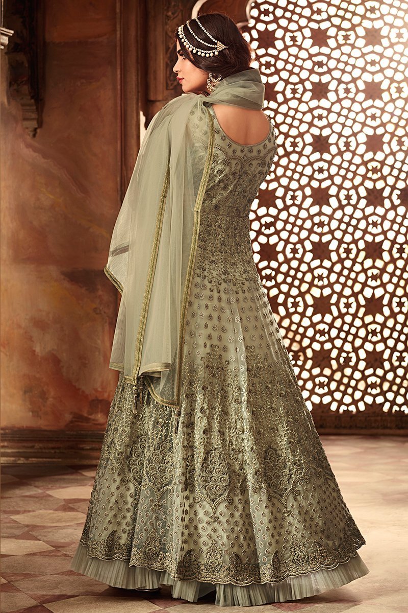 Charming Gray Heavy Net Party Wear Anarkali Suit