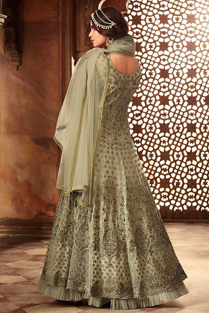 Charming Gray Heavy Net Party Wear Anarkali Suit