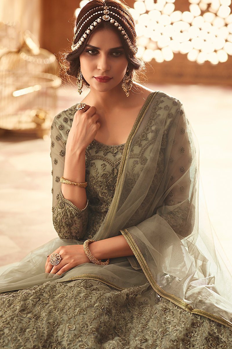 Charming Gray Heavy Net Party Wear Anarkali Suit