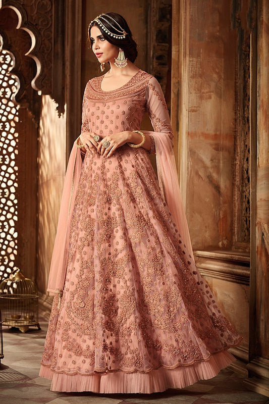 Blush Peach Heavy Net Party Wear Anarkali Suit