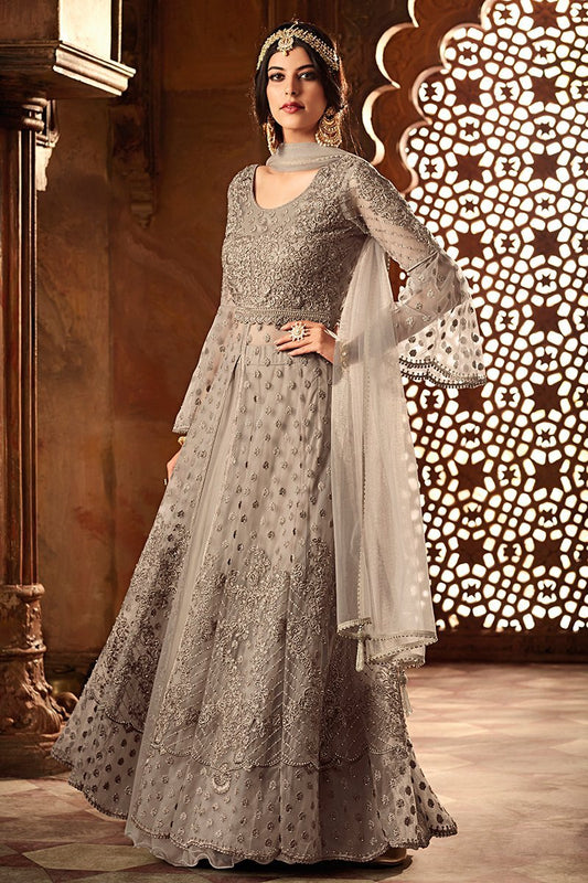 Gray Heavy Net Party Wear Anarkali Suit