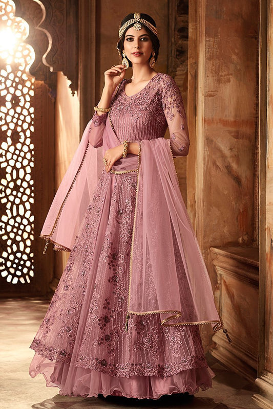 Marvellous lilac Heavy Net Party Wear Anarkali Suit