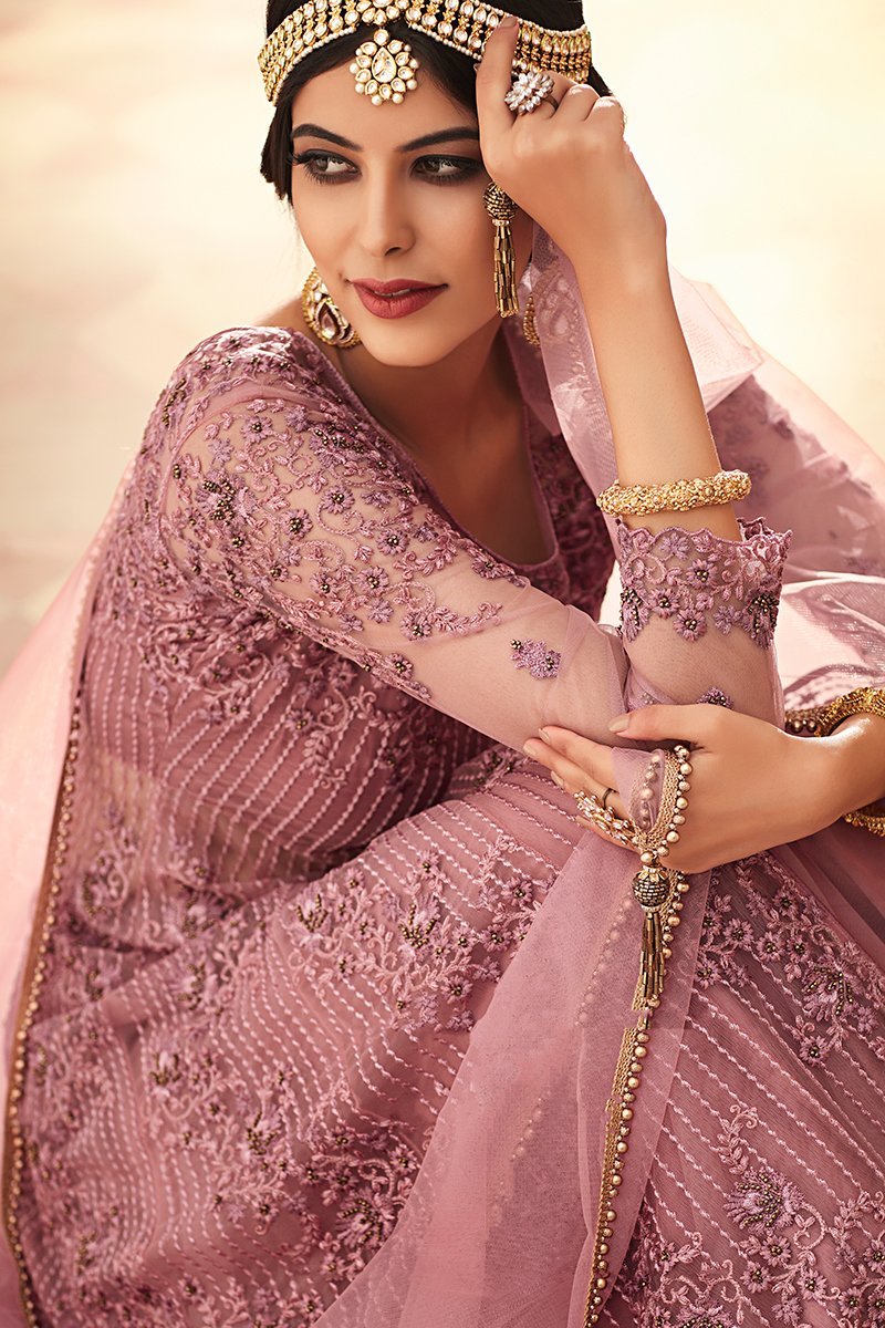 Marvellous lilac Heavy Net Party Wear Anarkali Suit