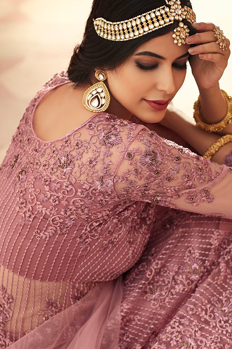 Marvellous lilac Heavy Net Party Wear Anarkali Suit