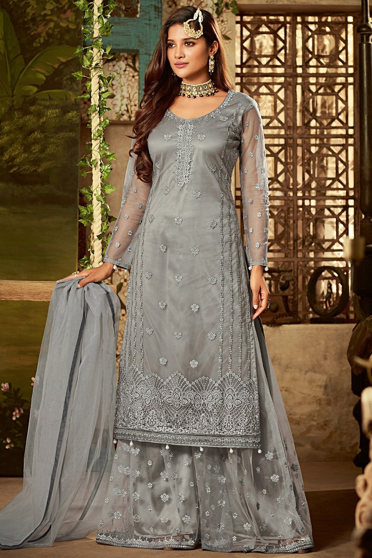 Gray Party Wear Suit with Palazzo