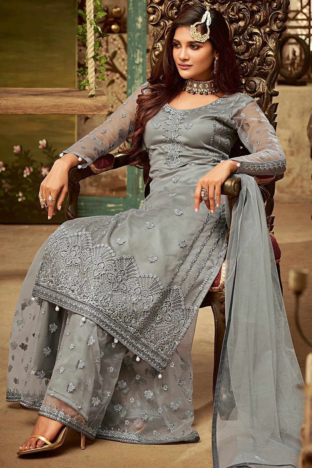 Gray Party Wear Suit with Palazzo