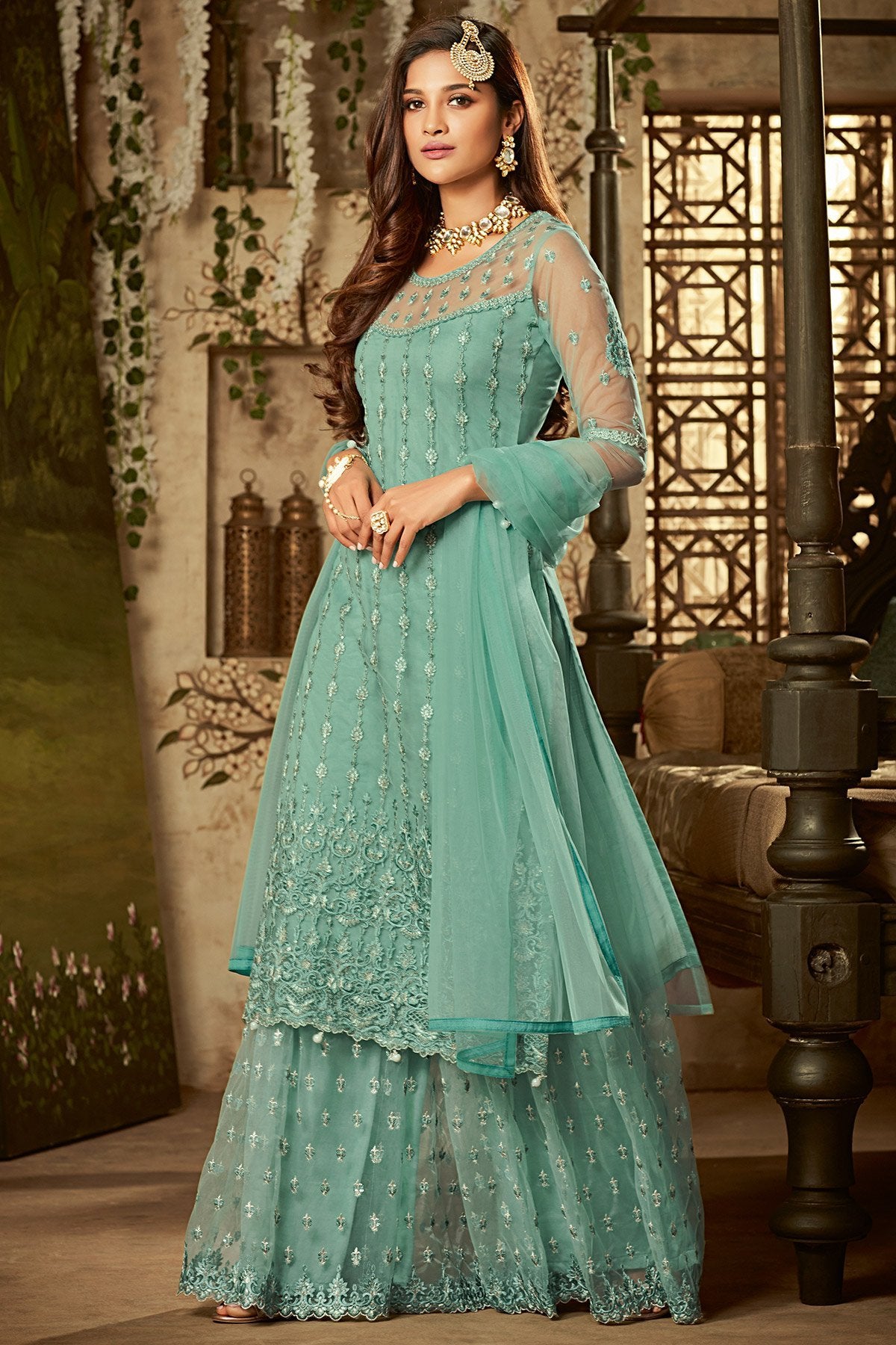 Turquoise Blue Party Wear Suit with Palazzo