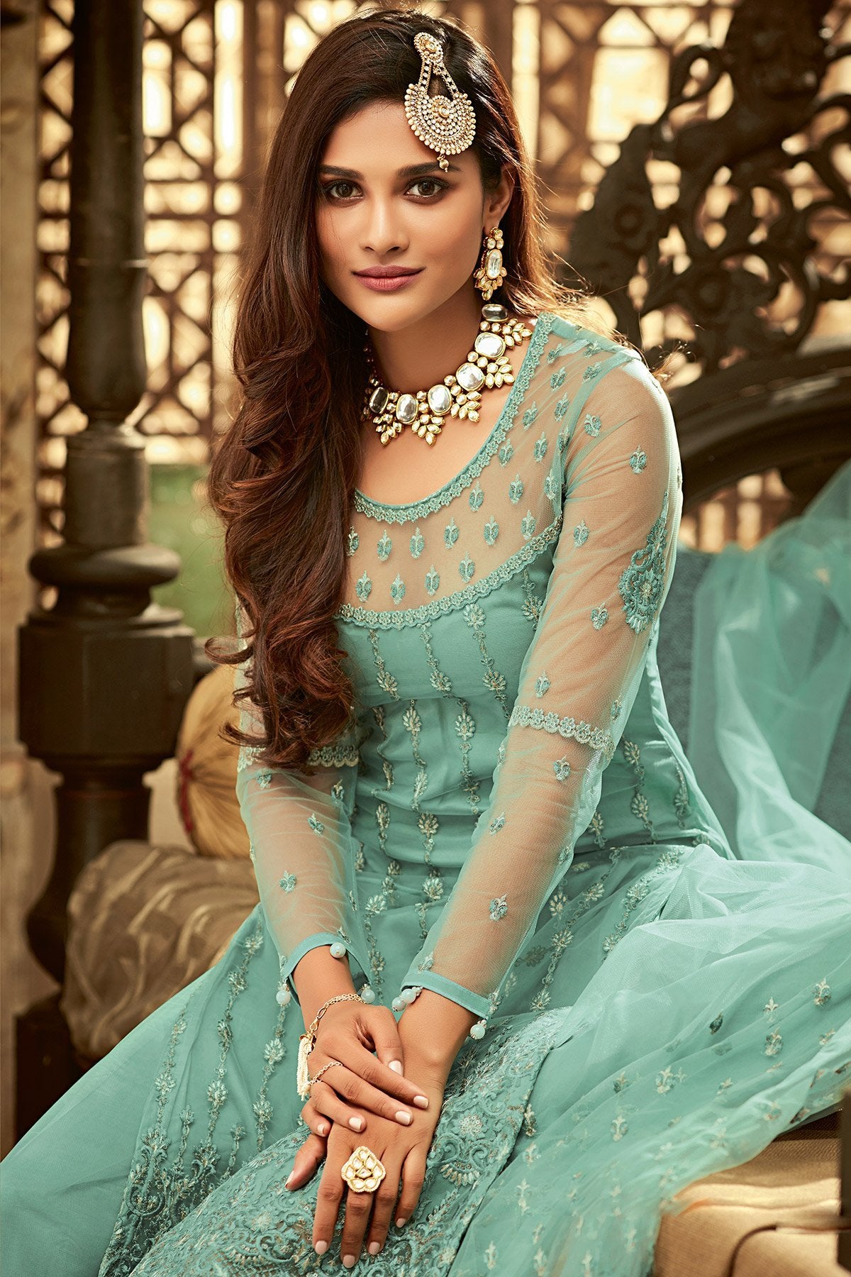 Turquoise Blue Party Wear Suit with Palazzo