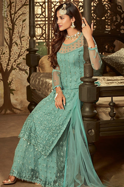 Turquoise Blue Party Wear Suit with Palazzo
