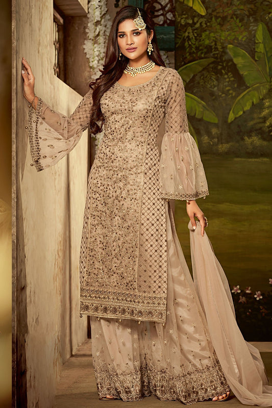 Gray Net Party Wear Suit with Palazzo