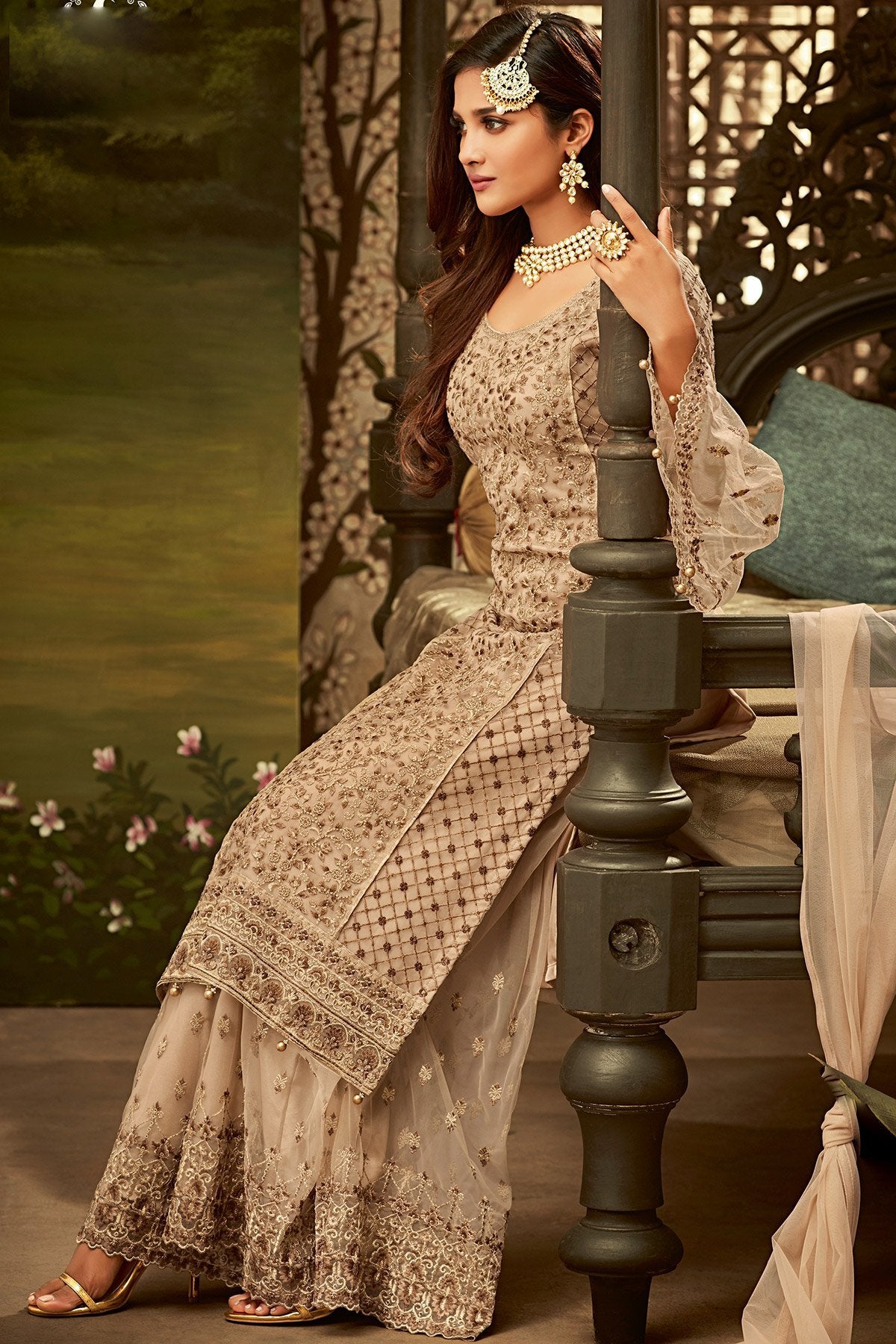 Gray Net Party Wear Suit with Palazzo