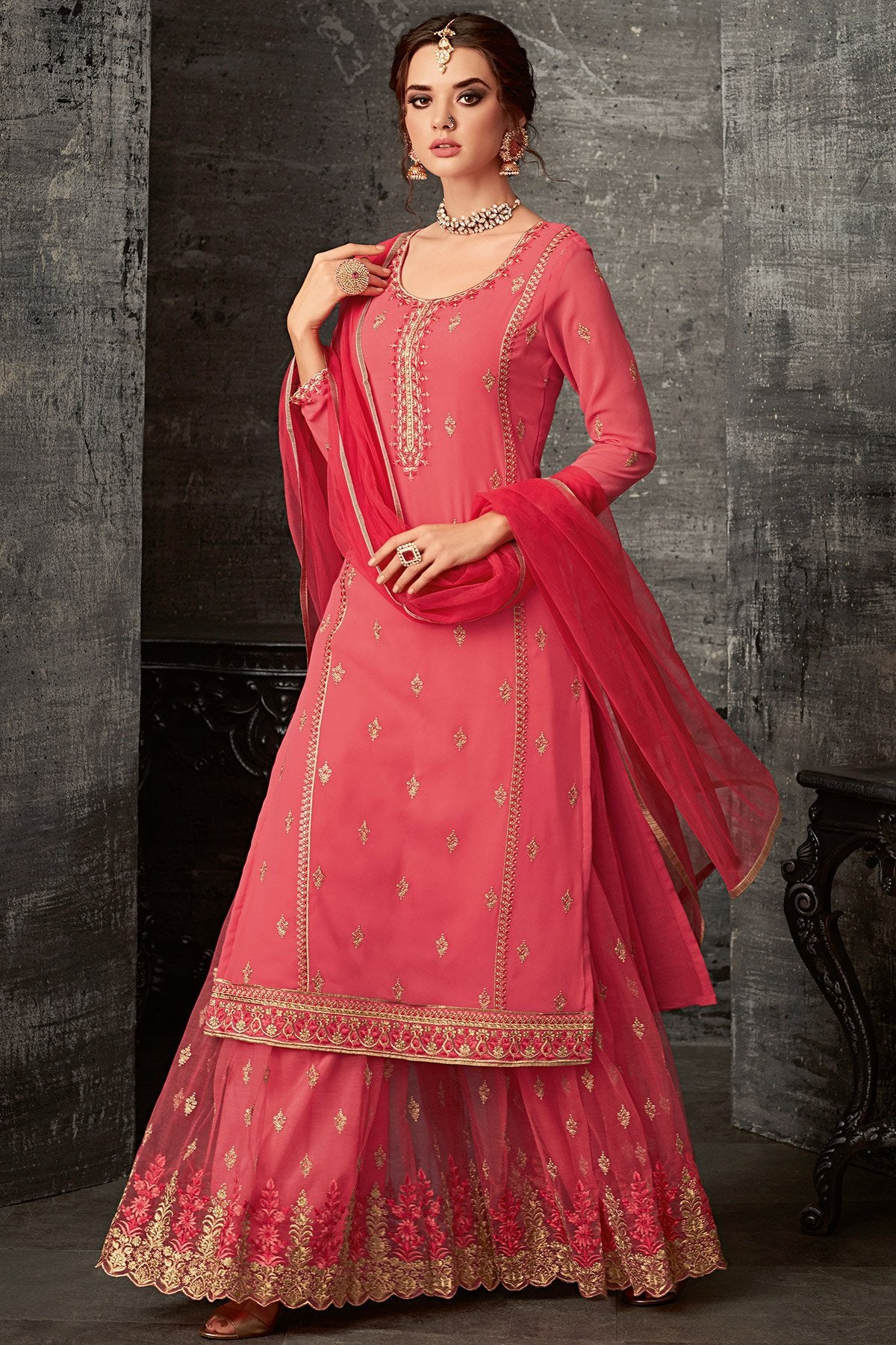 Georgette Sharara suit in Pink with darker Pink Dupatta