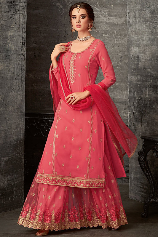 Georgette Sharara suit in Pink with darker Pink Dupatta