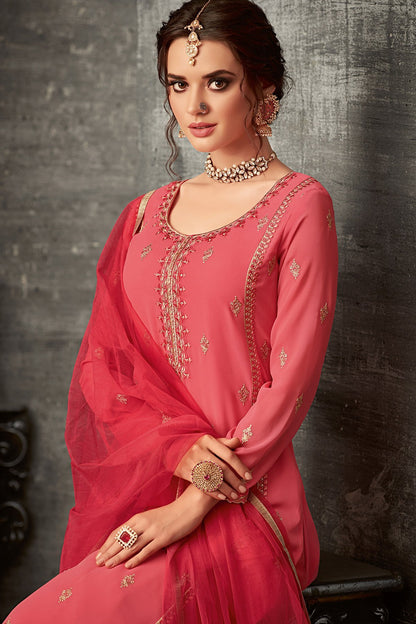 Georgette Sharara suit in Pink with darker Pink Dupatta