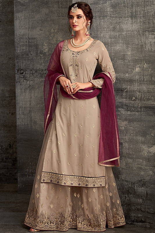 Georgette Sharara suit in light Brown with Purple Dupatta