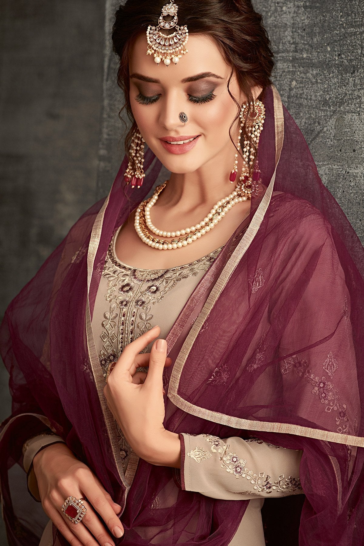 Georgette Sharara suit in light Brown with Purple Dupatta